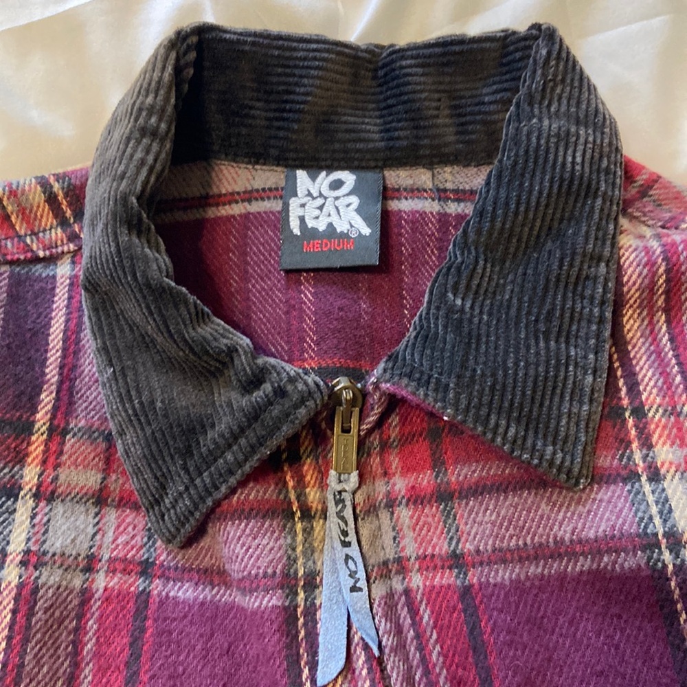 No Fear Red Plaid Zip Up Flannel Jacket Men Medium Grunge Y2K Skater Heavyweight - Picture 5 of 10